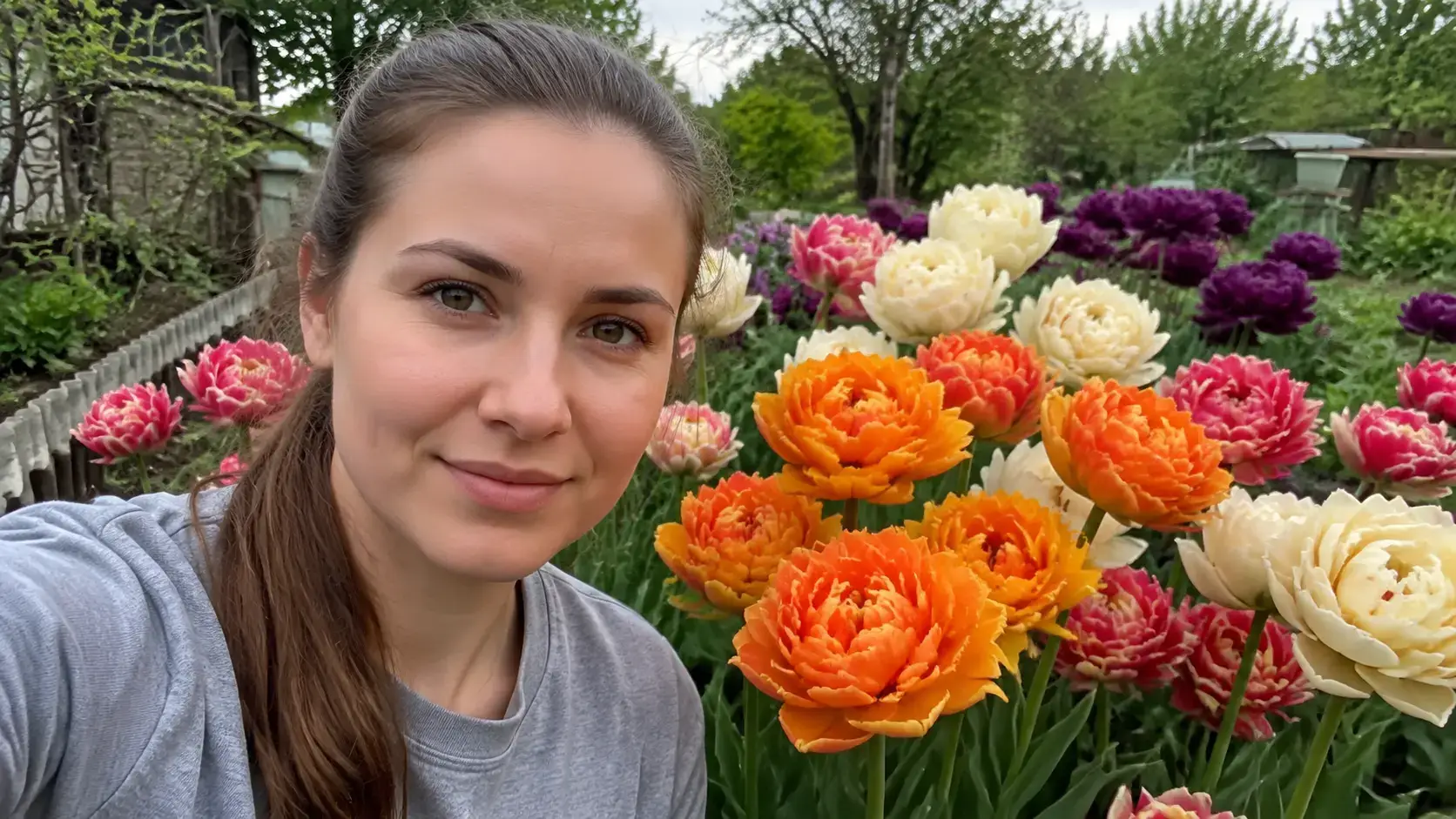 Селфі біля махрових тюльпанів